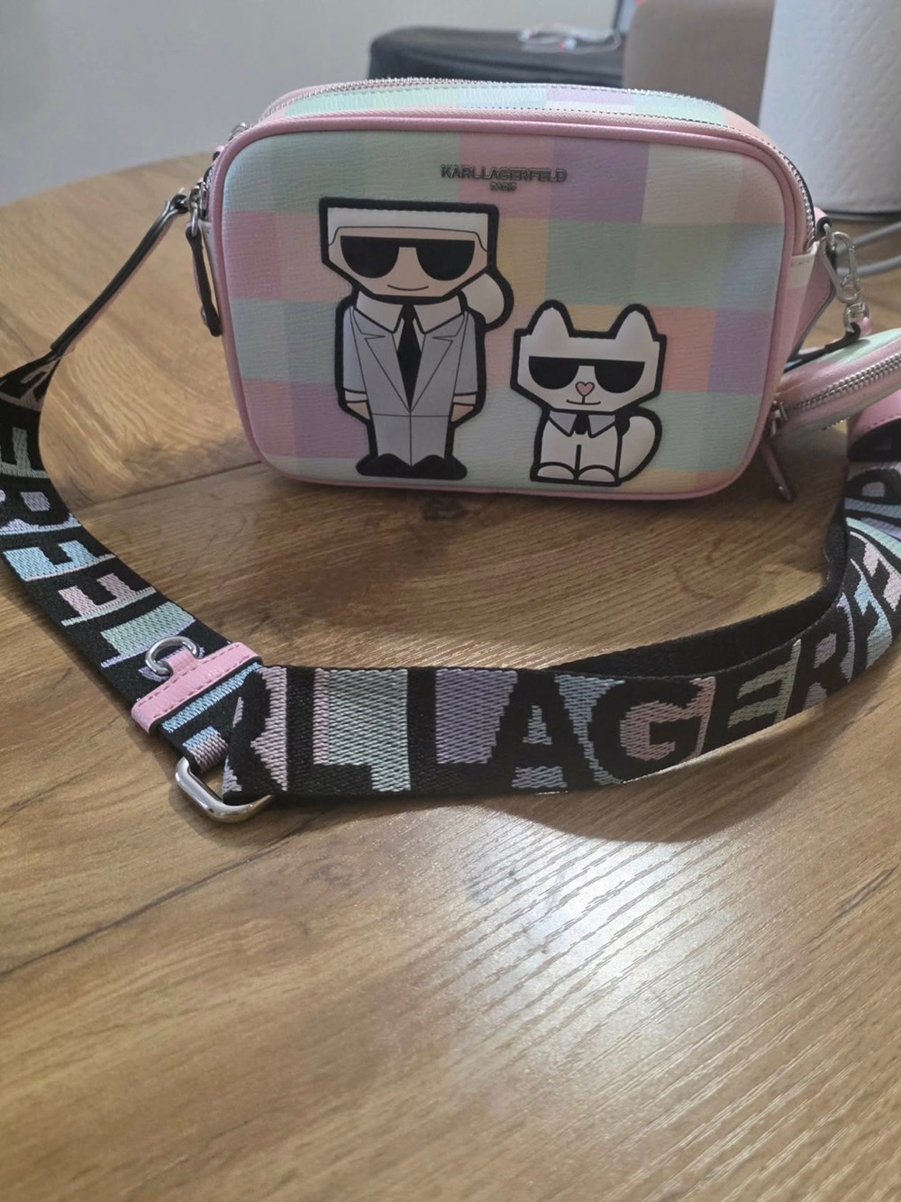 Karl Lagerfeld Pastel Check Camera Bag with Character Appliqué - Pink